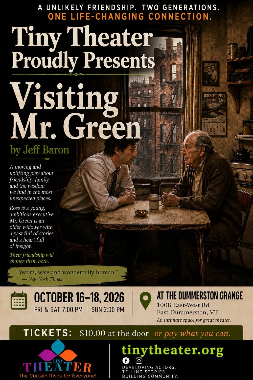 Tiny Theater proudly presents “Visiting Mr. Green”, By Jeff Baron, directed by Bob Marcus